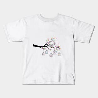 tree branch with birds and birdcages Kids T-Shirt